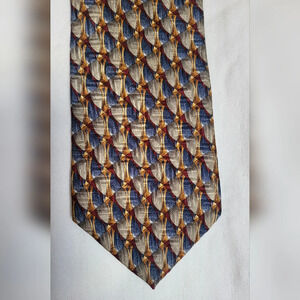 Ferrell Reed Blue Beige Hand Painted‎ 100% Silk Career Tie Vintage